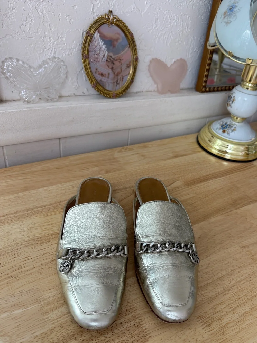Tory Burch Metallic Silver Leather Chain Loafer Mules Size 7 Classic Minimalist
